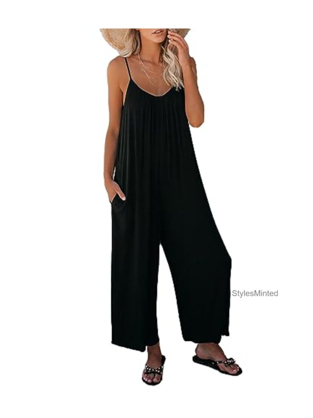 Womens Wide Leg Jumpsuit Sleeveless V Neck Adjustable Straps Overalls Romper
